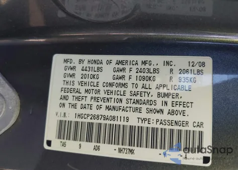 2009 Honda Accord 2.4 Ex-L z USA, uszkodzony, nr VIN 1HGCP26879A081119